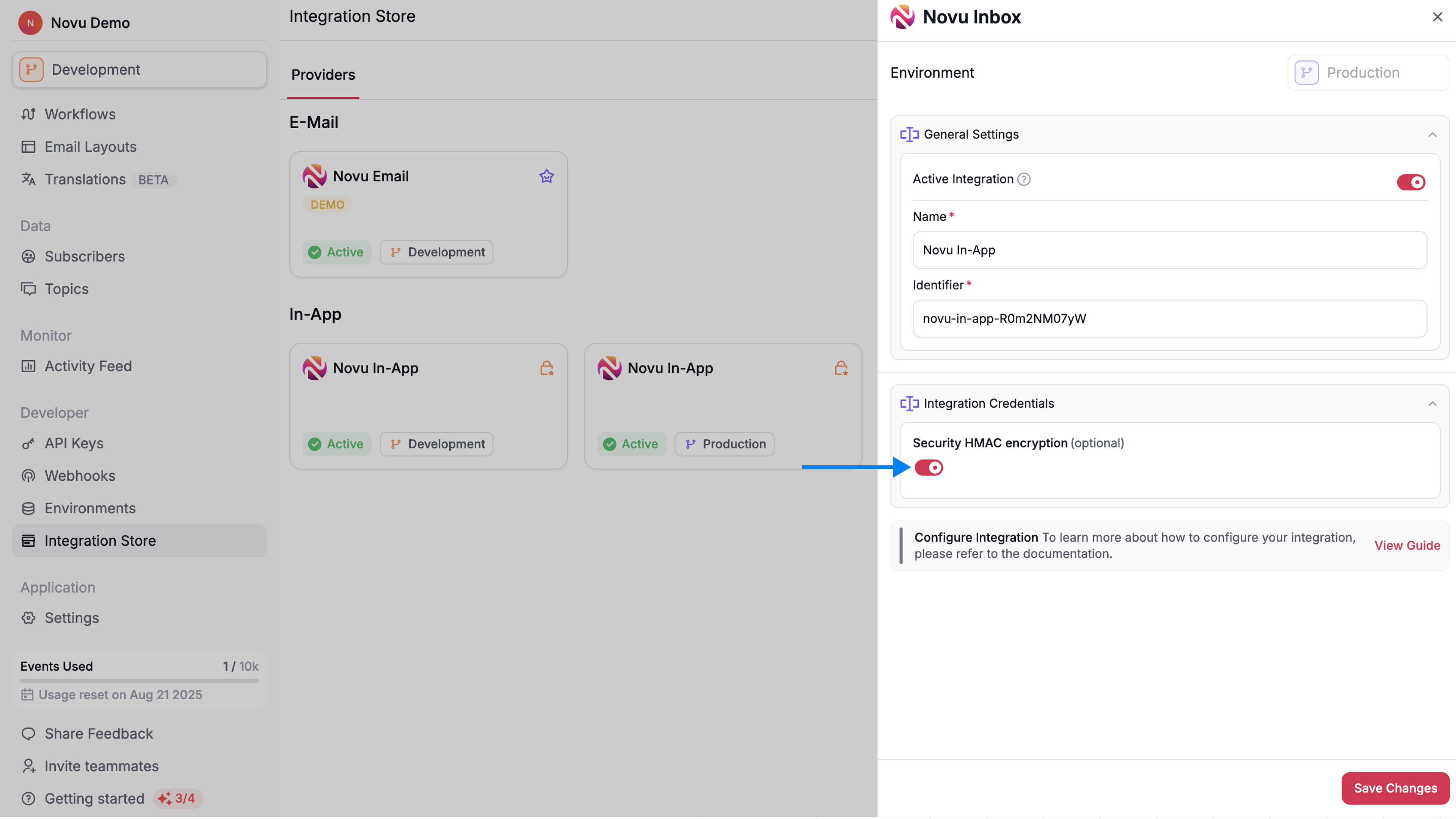 Enabling HMAC in the Novu dashboard