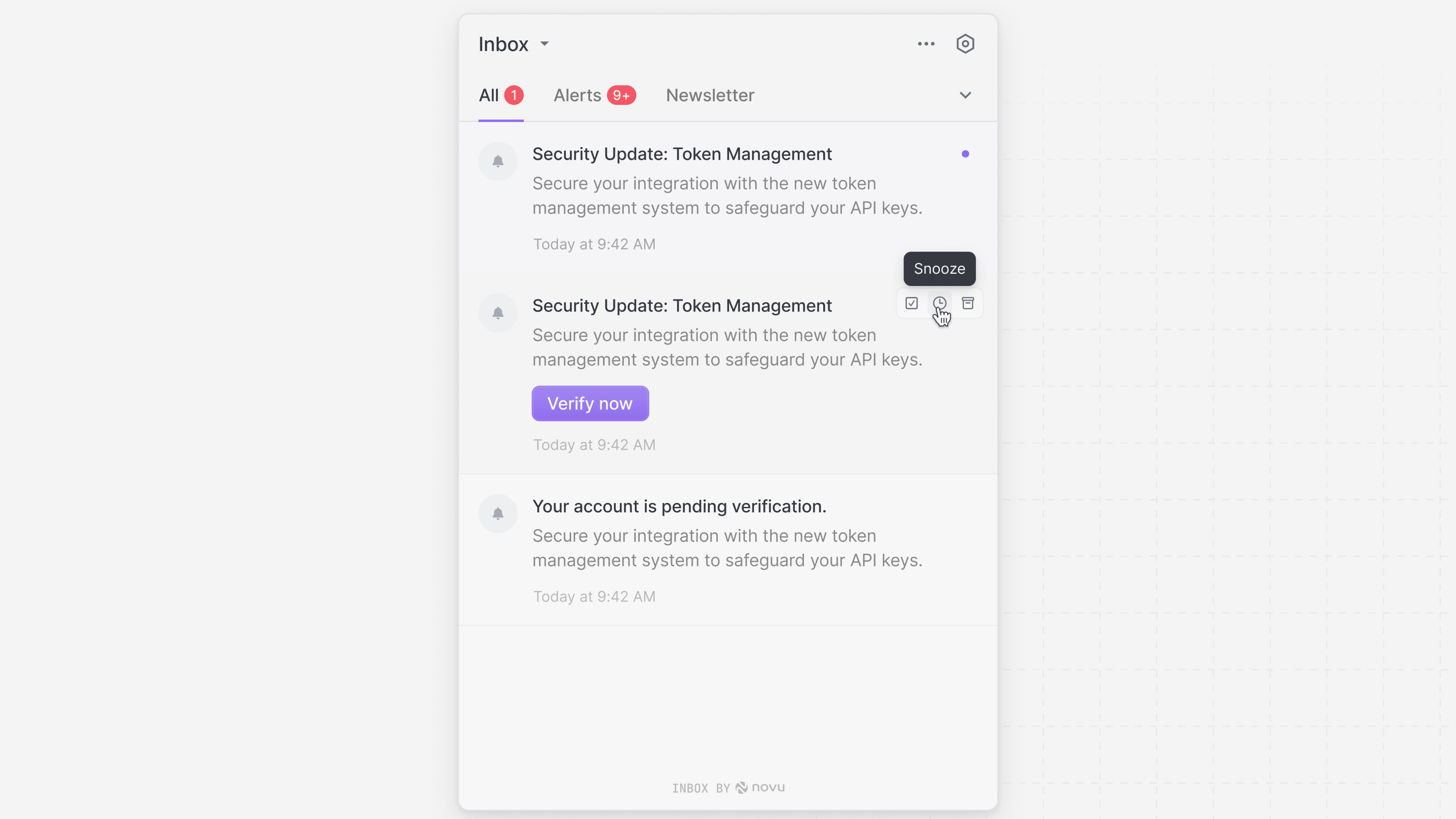 Snooze icon on the inbox notification